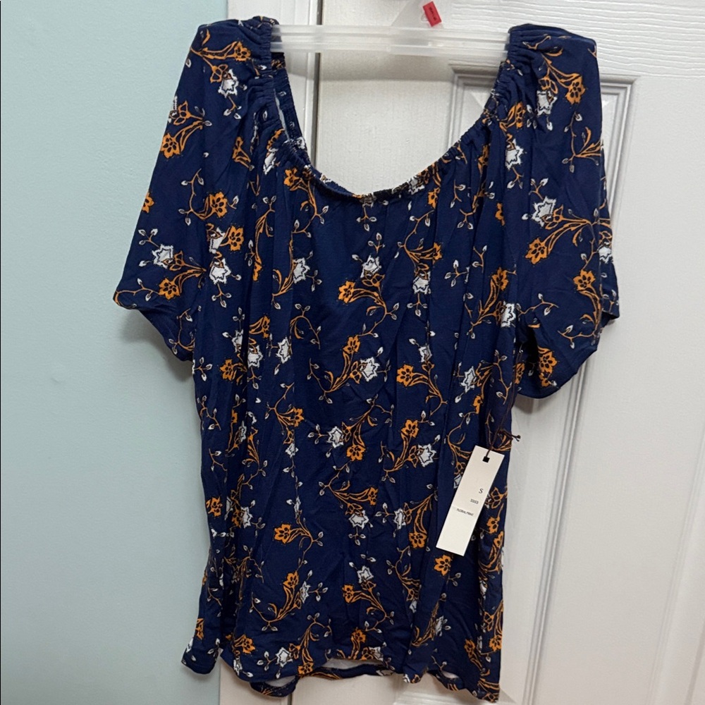 NWT !! Crosby Navy and Orange Floral Blouse.